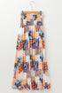 Orange Floral Patchwork Printed Frilled Bandeau Smocked High Waist Long Dress